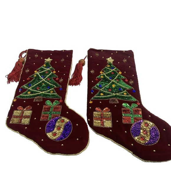2 - VTG Sequin Christmas Tree Stocking International Silver Co  Tassel Velvet - Picture 1 of 9